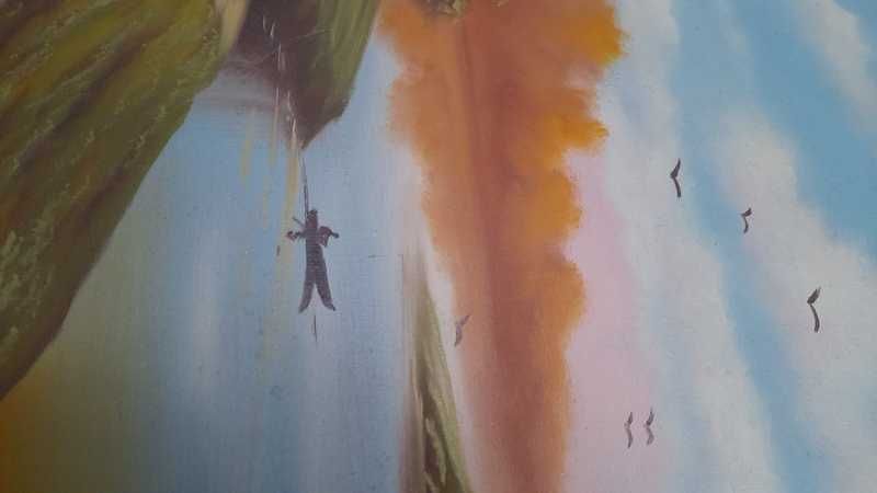Stary OBRAZ pejzaż rzeka łódka 95,5 cm x 63 cm