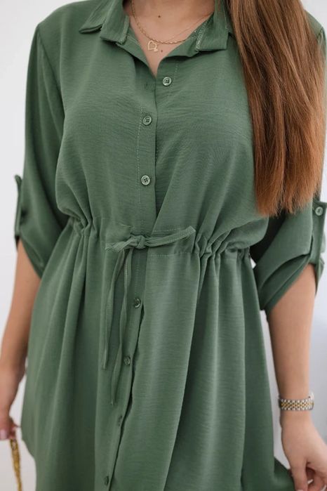 Sukienka damska khaki guziki wiązana w talii kołnierzyk S M L