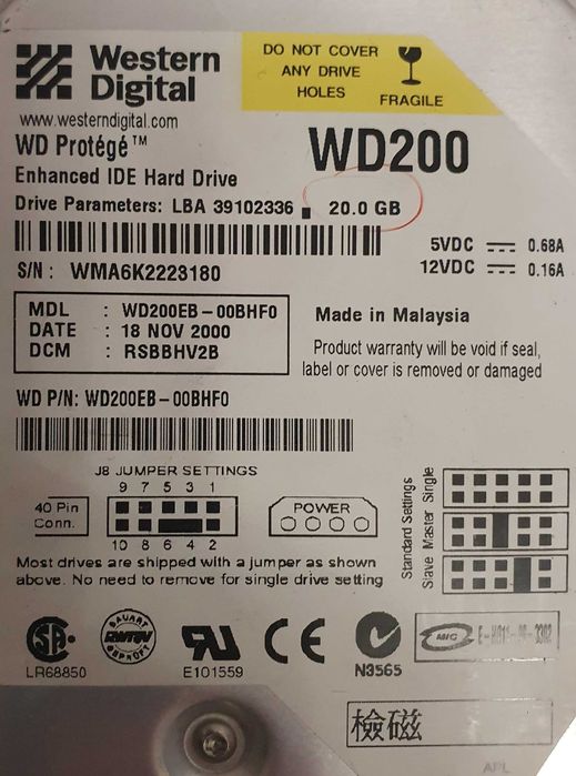 Disco rígido interno, WD - Western Digital WD200 - 20Gb - Ano 2000
