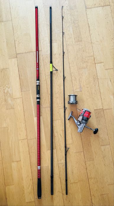 Conjunto Cana de pesca Barros Jumper e Carreto Surfcasting Caperlan Symbios como novos