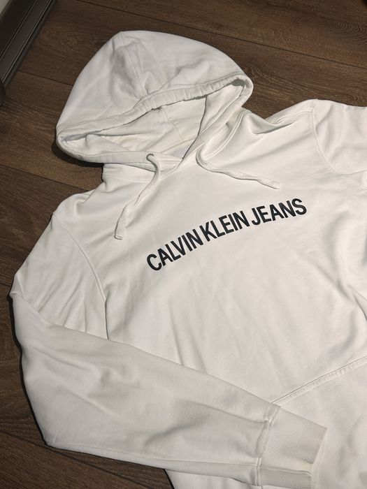 Calvin Klein Jeans bluza biała z nadrukiem z kapturem