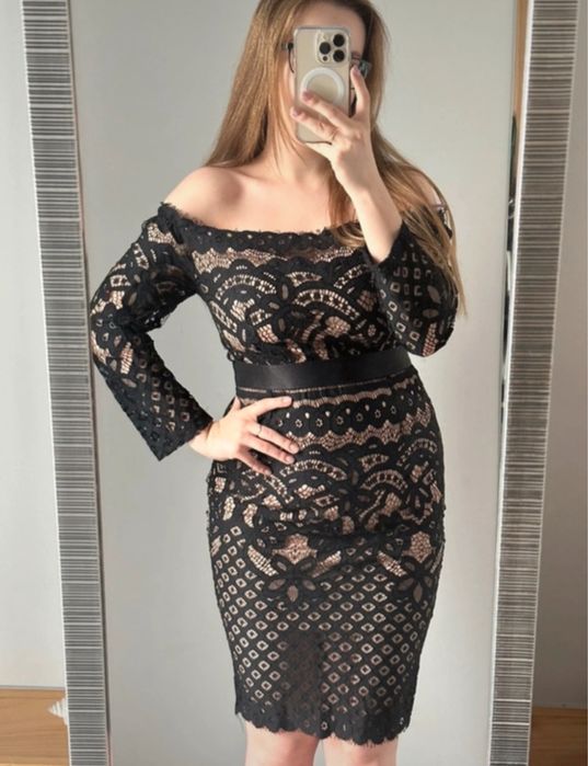 Sukienka ażurowa czarno beżowa rozmiar L