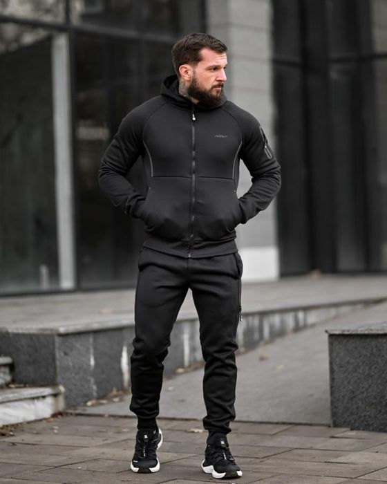 Зимовий чоловічий спортивний костюм чорний кофта штани на флісі