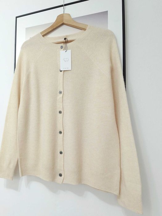 Sweter kardigan damski kremowy jasny beżowy 100% wełna merino