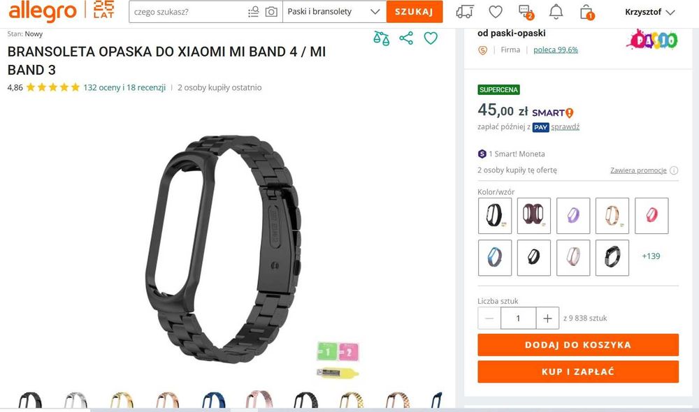 Bransoletka, pasek Xiaomi Mi Band 3/4, czarna