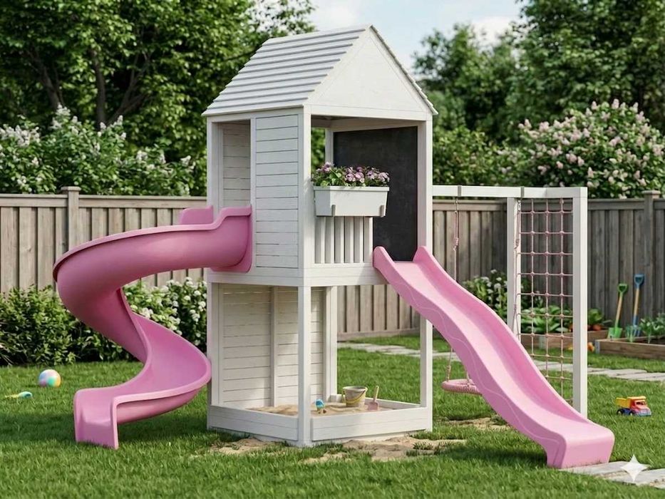 Рожевий дитячий майданчик з гвинтовою гіркою | Гірка та гойдалки