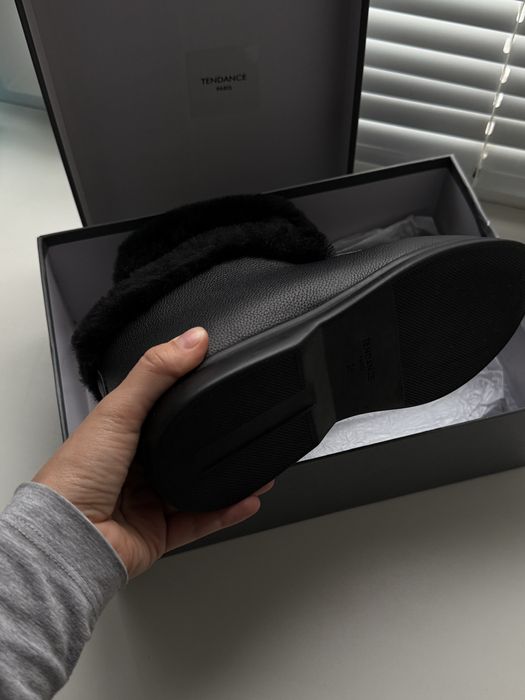 Женские черные ботинки лоферы кожа с овчиным мехом tendance paris