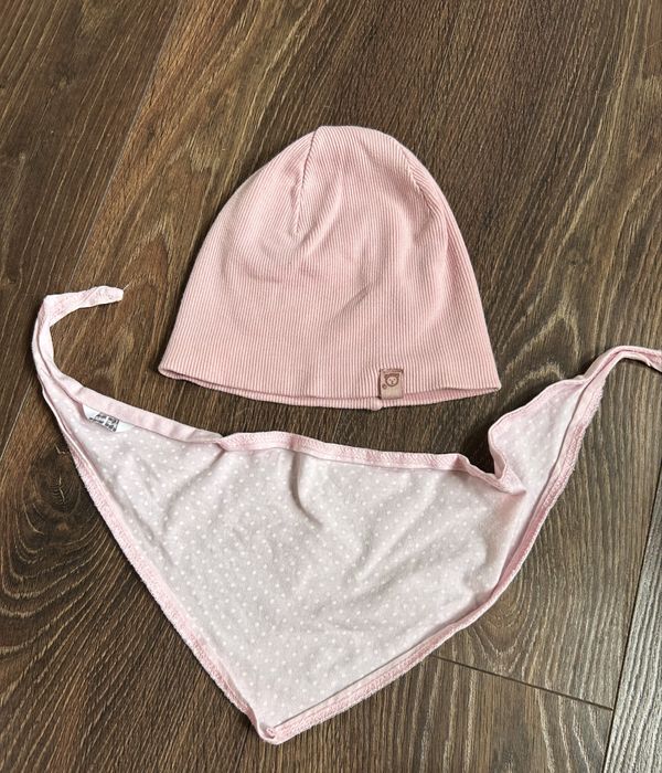 Różowy zestaw dla dziewczynki chusta i czapka materiał prążek r. 74-80