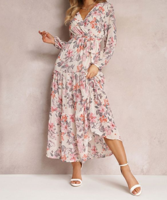 Renee jasnobeżowa sukienka w kwiaty z gumką w pasie M