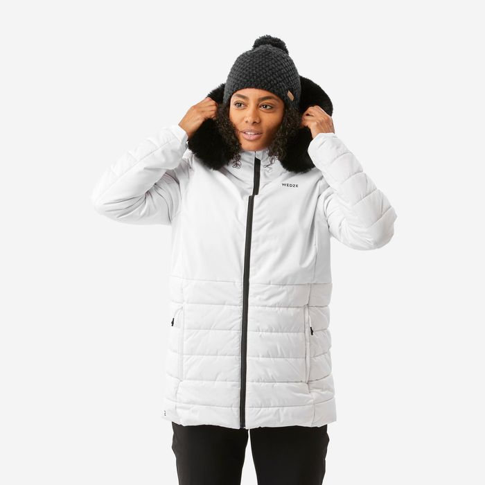Casaco de ski e snowboard quente meio-comprido Mulher, 100 Branco