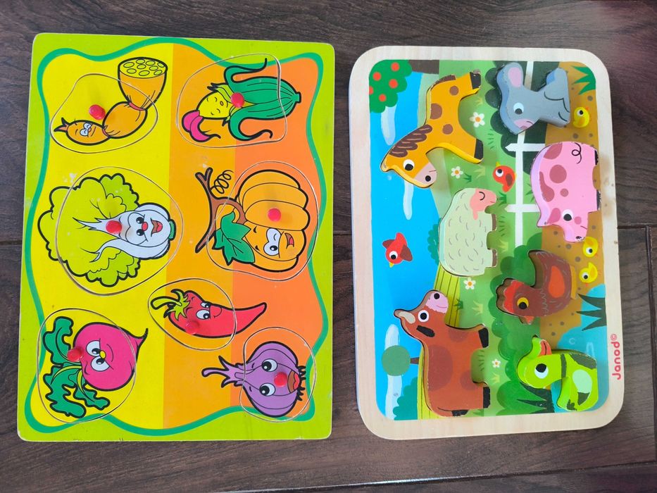 2 komplety puzzli drewnianych, klocki, zwierzęta i warzywa
