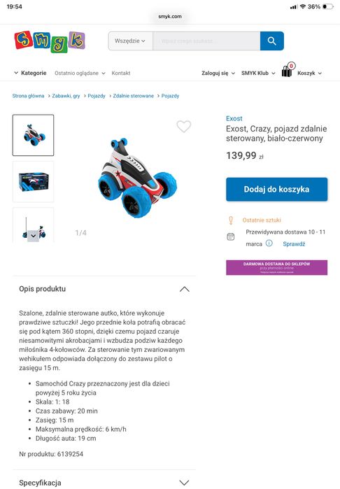 Exost Crazy samochód zdalnie sterowany Smyk jak nowe