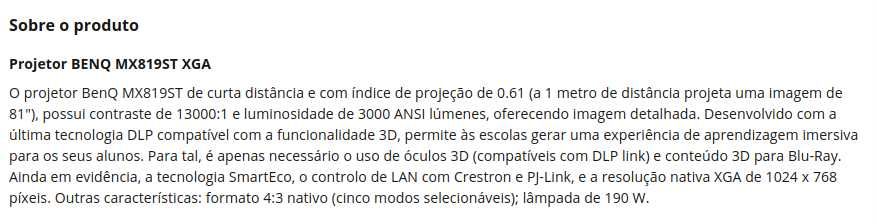 Projetor BENQ MX819ST XGA 3000 lúmens