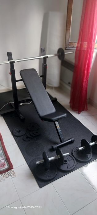 Vendo bancada com pesos barra e tapete