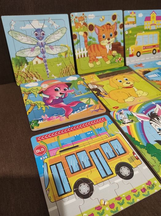 Дерев'яні пазли, пазли вкладиші, геометрика, пазли машина тварини