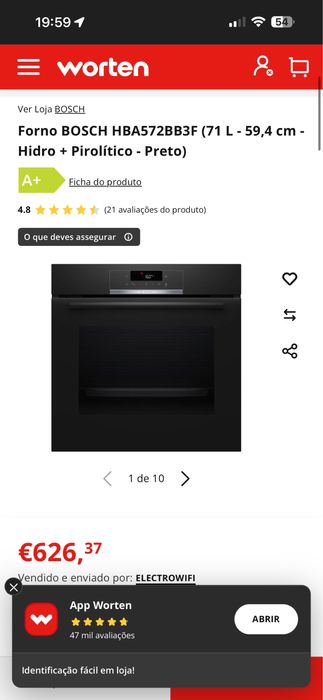 Forno BOSCH HBA572BB3F (71 L - 59,4 cm - Hidro + Pirolítico - Preto)