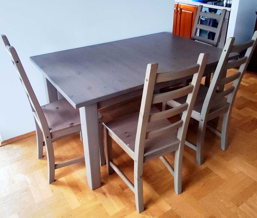 Stół sosnowy rozkładany 147/204x95 cm + 6 krzeseł