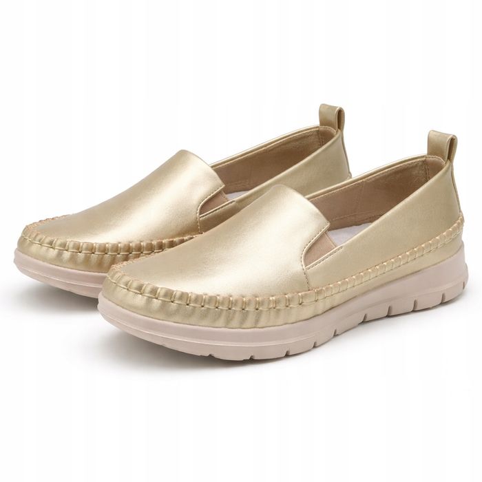 Złote półbuty damskie wsuwane - komfortowe na grubej podeszwie 40