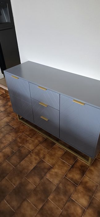 HOMCOM Aparador Auxiliar Armário de Armazenamento com 3 Gavetas e 2 Armários com Prateleira Ajustável 120x40x76 cm Cinza