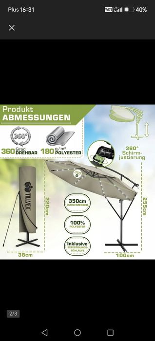 Parasol ogrodowa LED 350cm