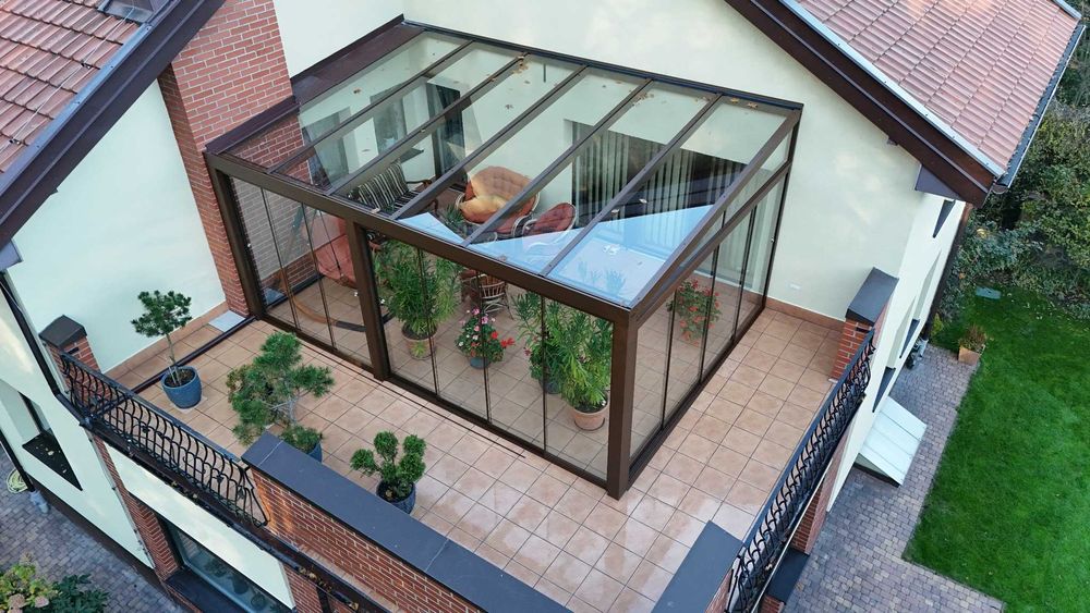 Zadaszenie tarasu, zabudowa balkonu, balustrady SZKŁO, ALUMINIUM, POLI
