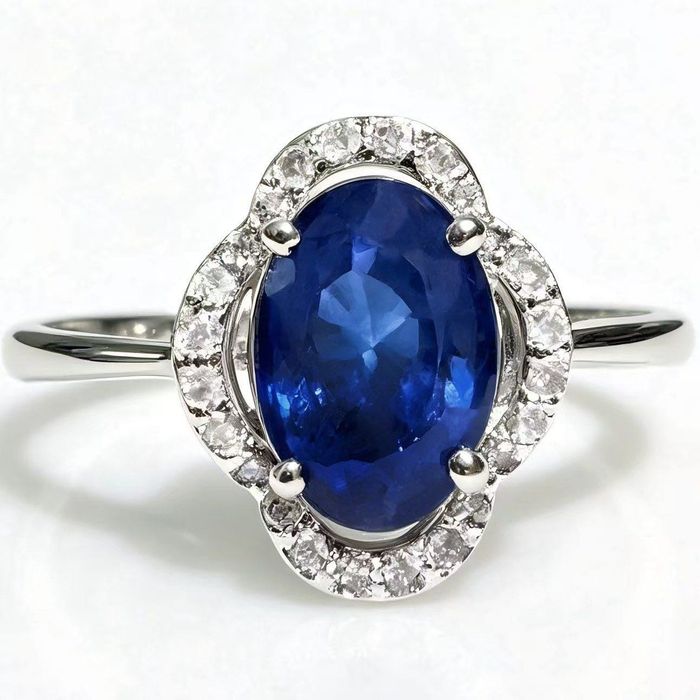 Anel em Ouro Branco 14K com Safira Azul e Diamantes – Certificado