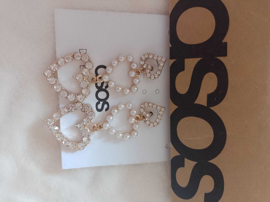 ASOS/ Długie, Bogato zdobione kolczyki, serca, perły, NOWE