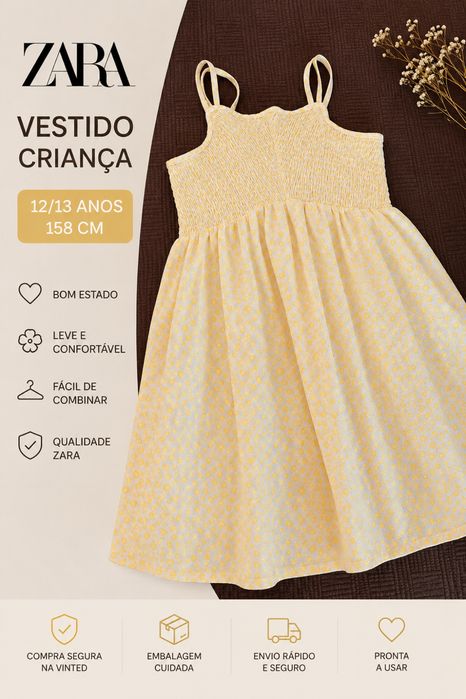Vestido Zara Criança Amarelo e Branco 12/13 Anos