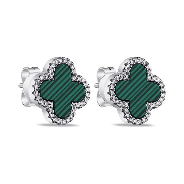 Срібні сережки конюшина з малахітом та фіанітами в стилі Ван Кліф