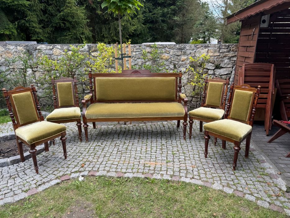 Wypoczynek eklektyczny komplet sofa 4 krzesła orzechowe oliwka kanapa