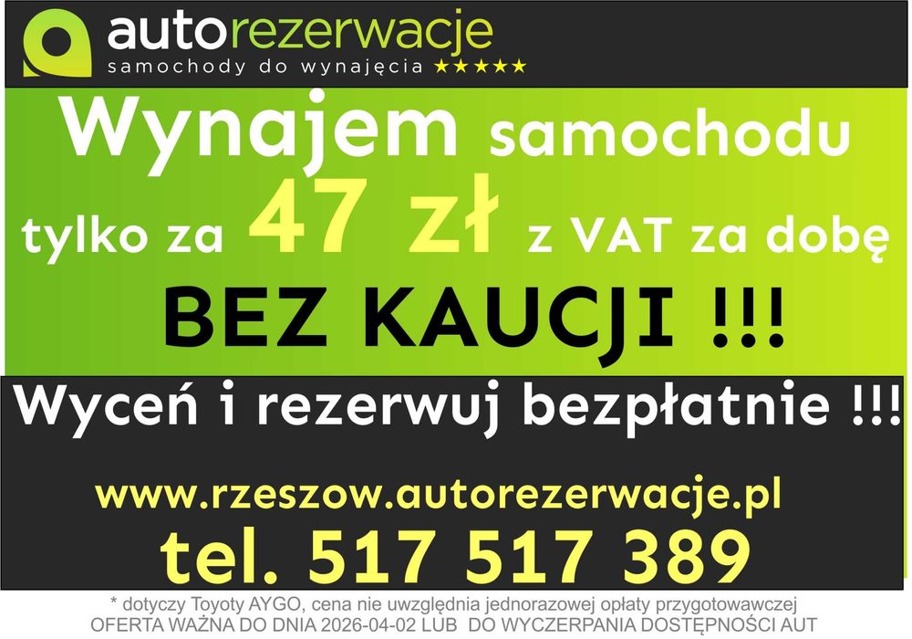 Wynajem samochodu/aut wypożyczalnia samochodów za 49 zł za dobę