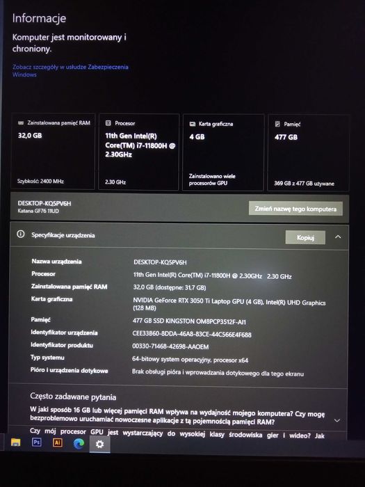 Laptop MSI Katana GF76 z pakietem graficznym Adobe CS6 licencja wieczysta