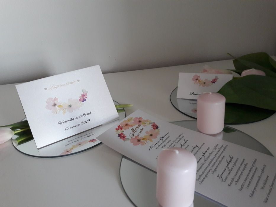 Zaproszenia ślubne z kwiatowym wzorem, winietki, menu, Warszawa