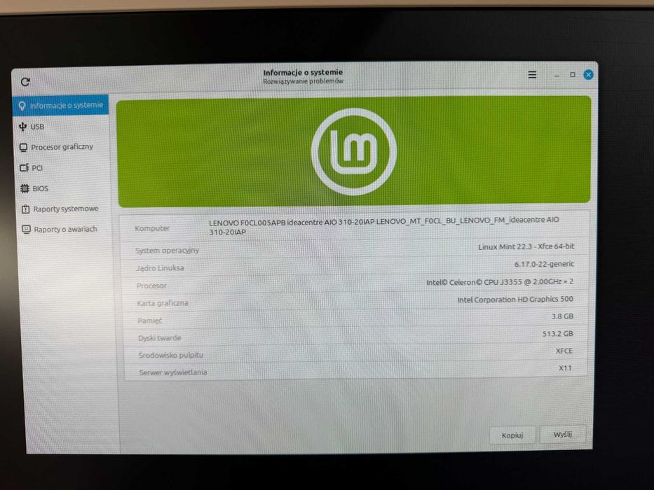 Komputer all in one lenovo 19,5 cala Linux Mint dysk ssd 513 GB