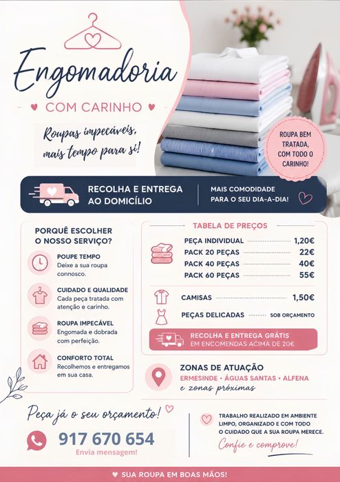 Engomadoria com recolha e entrega ao domicílio!