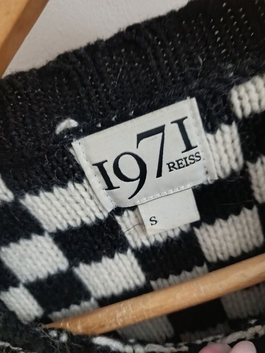 Sweter wełna czarny biały kratka okrągły dekolt klasyczny Reiss 36