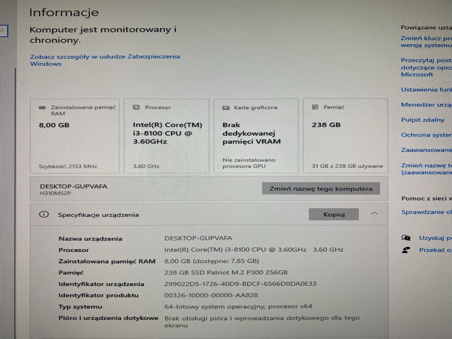 Komputer stacjonarny i3-8100, Gigabyte H310M S2P, 8 GB Ram, 256GB SSD
