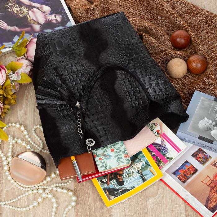 VERA PELLE torebka damska zamszowa shopper kroko na ramię V141 czarna