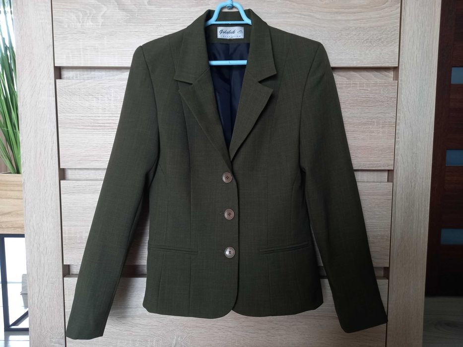 Garnitur damski żakiet+spodnie+spódnica używany oliwkowy, 36 (S)