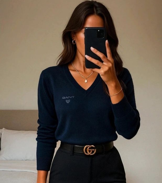 Klasyczny sweter dekolt V Gant szafa kapsułowa premium viralowy S / M