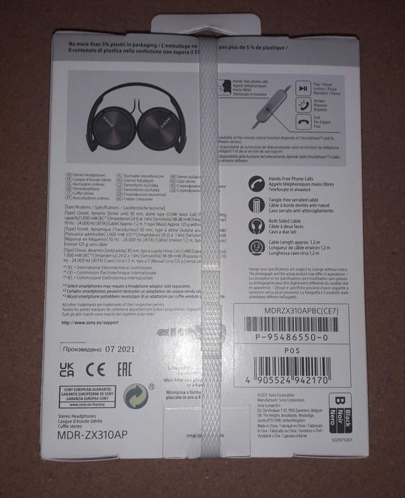 Nowe sluchawki Sony czarne kabel MDR-ZX310AP