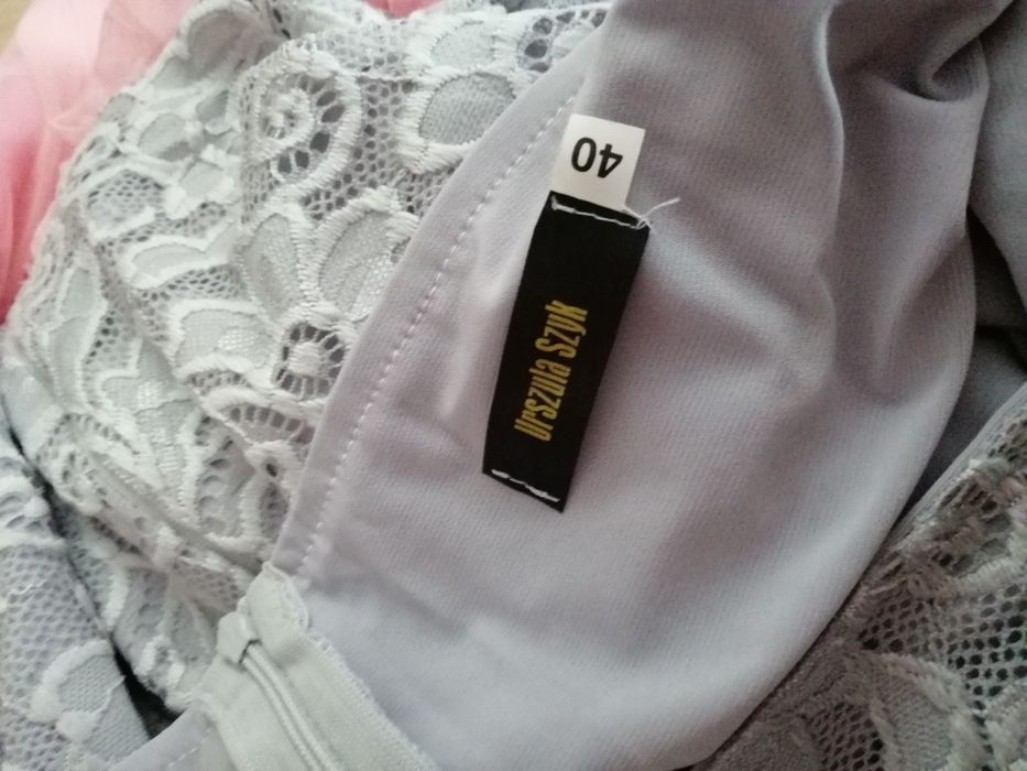 Szaro różowa sukienka tiul koronka Urszula Szyk M/L