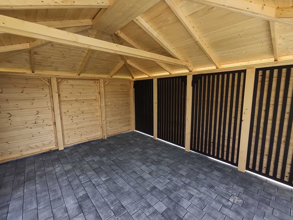 Nowoczesna altana 4x6 m, lamele, gont bitumiczny - producent
