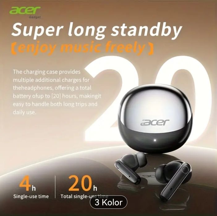 Słuchawki bezprzewodowe Acer In-Ear-TWS, super efekt stereo, 2 kolory.