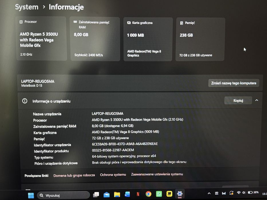Laptop w stanie idealnym matebook d15 huawei