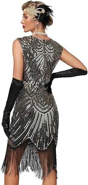 Sukienka Glamour 1920 Charleston Wielki Gatsby Czarno Złota XL