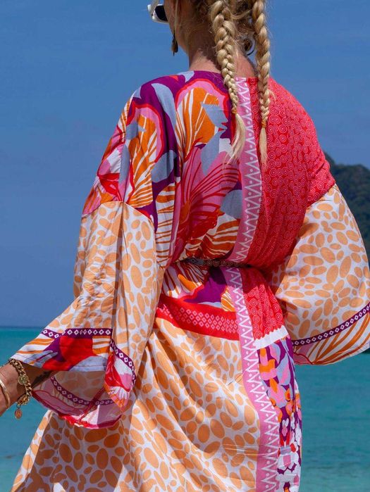 Pareo plażowe narzutka kolorowa tunika z paskiem maxi