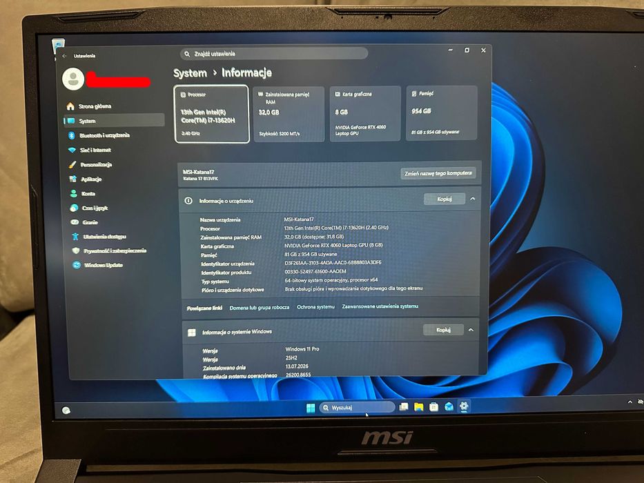 MSI Katana 17 B13V | 17,3" | Intel Core i7-13620H | GeForce RTX 4060 | 32GB RAM | 1TB SSD | 144Hz | GWARANCJA