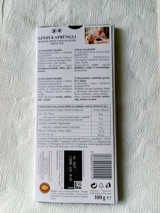 Lindt Excellence Robusta Dark Cocoa 85% Czekolada gorzka 100g 10 szt.