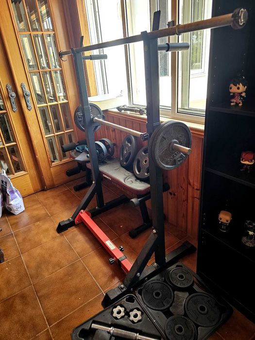 Ginásio Completo Decathlon: Rack Corength + Barras + Banco + Kit Pesos 50kg+